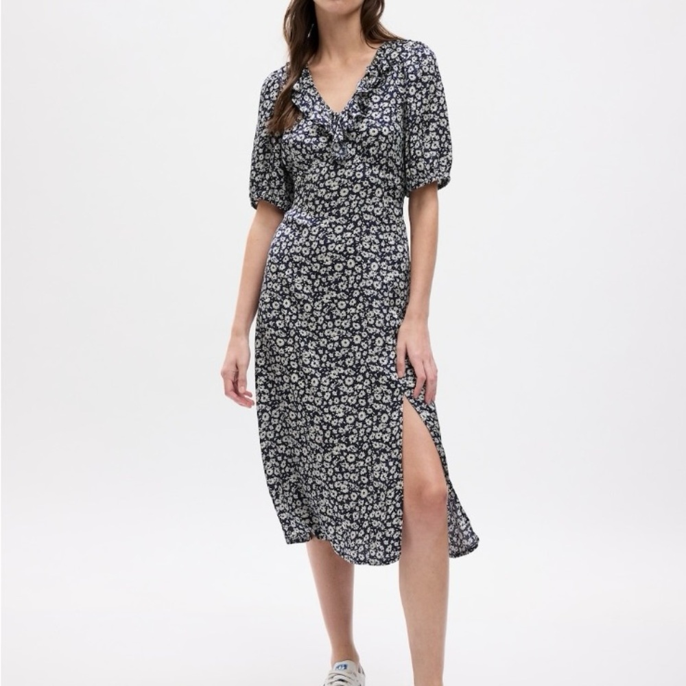 GAP puff sleeve ruffle midi dress NWT